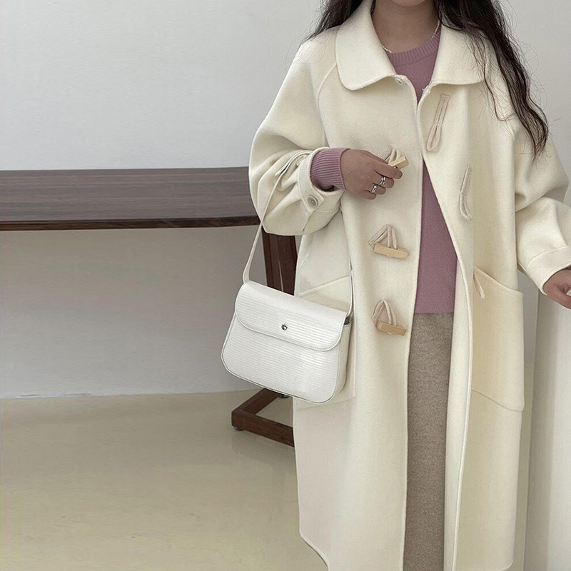 Mid-Length Double-Sided Wool Coat with Horn Buttons for Petite Women, Loose Puff Sleeves, and Doll Collar, Trendy Woolen Coat