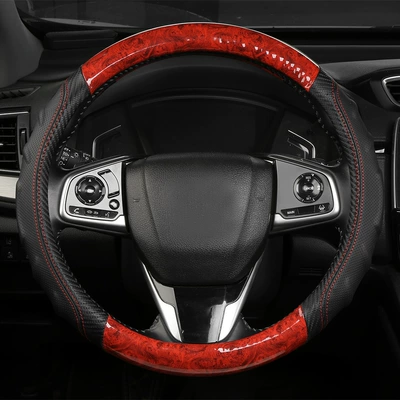 Seasons, Carbon Fiber Spliced Leather Car – Steering wheel cover - volcanic-red-38cm
