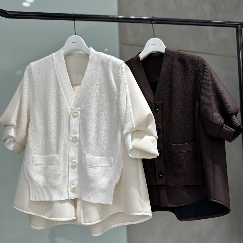 FOG SACAI 25秋款拼接针织开衫宽松休闲短袖外套百搭显瘦中袖上衣|undefined