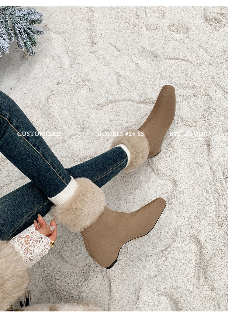 Boot nữ cổ cao lông cừu mũi vuông tăng chiều cao — cà phê nâu, màu xám, quả mơ chi tiết 17