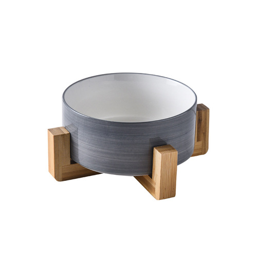 Ceramic cat bowl, dog food bowl, anti-knock wooden frame, special cat bowl for kittens, double bowl, drinking water feeding bowl, pet bowl supplies