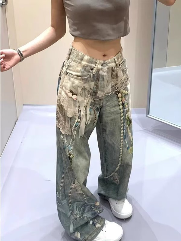 跨境原创复古做旧印花街头牛仔裤男2025夏数码3d打印链条蕾丝长裤|undefined