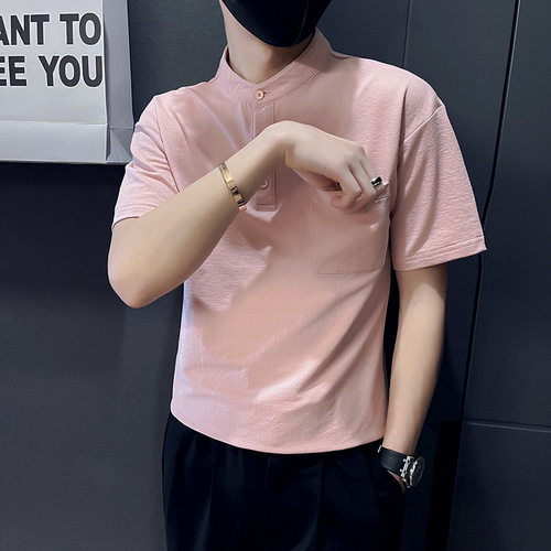 Summer Men's T-Shirt Short Sleeve Stand Collar POLO Shirt Work Casual Fashion Trend Brand Solid Color Ins Japanese Trend T-Shirt