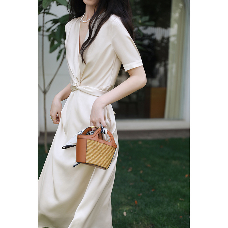 In stock factory wholesale New acetate dress women's summer twisted satin commuter short sleeve waist dress women