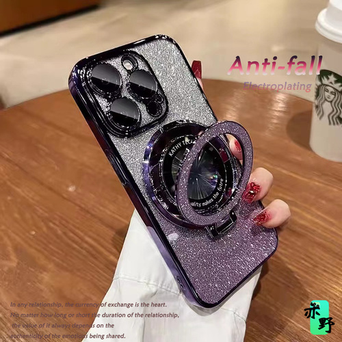 Makeup Mirror Compatible with Apple iPhone 15 Case iPhone 16 Glitter Foldable Stand 13 Protective Cover 12 Anti-Slip 14 for Women