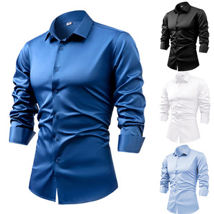 �羳���R�d TikTok Temu Men's Long Sleeve Shirt Silk Satin Wr