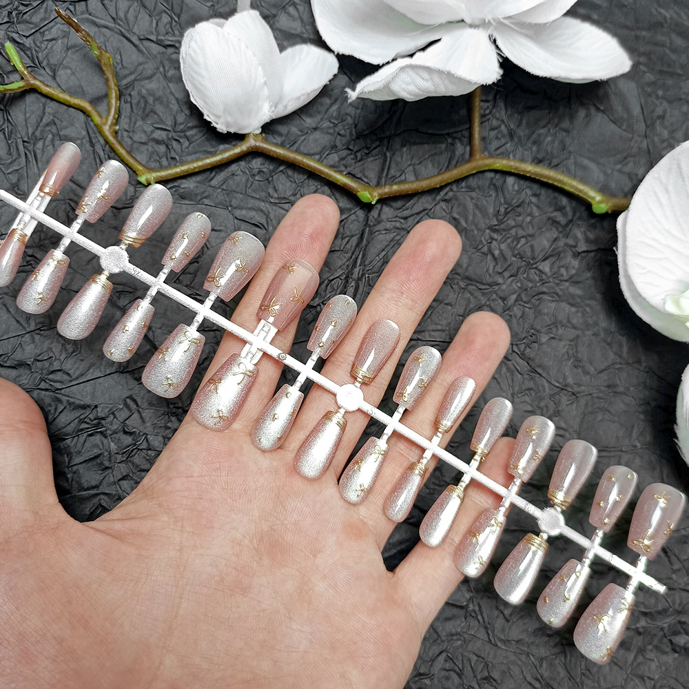 Puntas de uñas artificiales de ojo de gato hechas a mano, las más vendidas, pegatinas de uñas con lazo, juego de 30 piezas con tiras codificadas, puntas de uñas reutilizables.