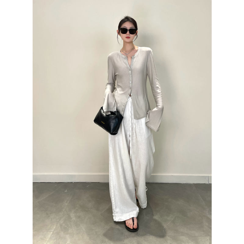 Nanyu Slim Fit 100% Tencel Flared Long Sleeve Base Shirt Spring/Summer Knitted Cardigan for Women
