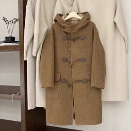 格子双面羊绒大衣女中长款2025新款牛角扣连帽毛呢外套通勤风