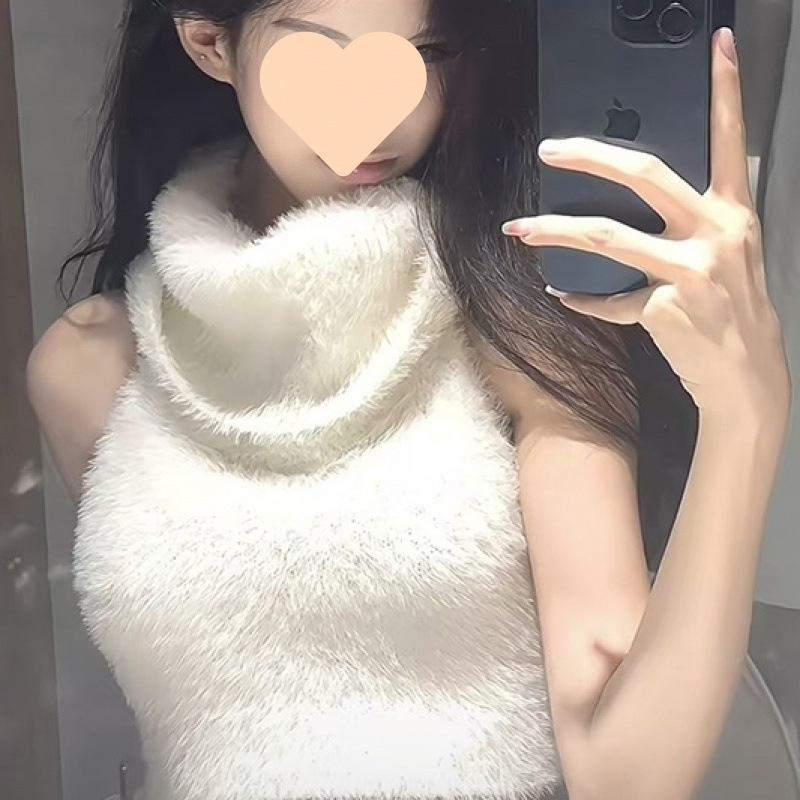 American hot girl turtleneck new mink vest short sweater for women's sleeveless slim short knitted pure erotic top