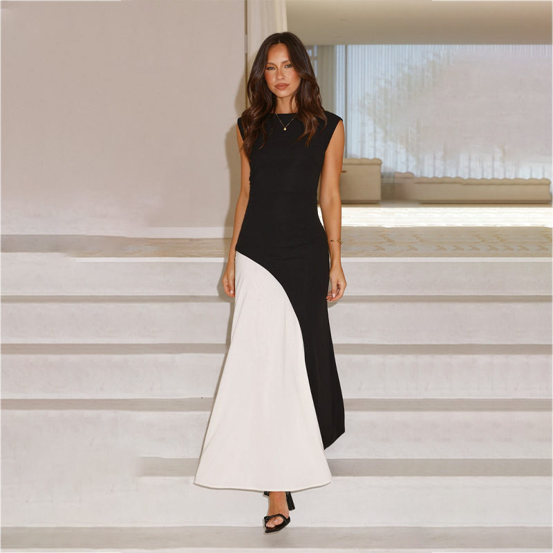 D140DS European and American fashion street round neck sleeveless waist stitching black and white contrast color high waist dress