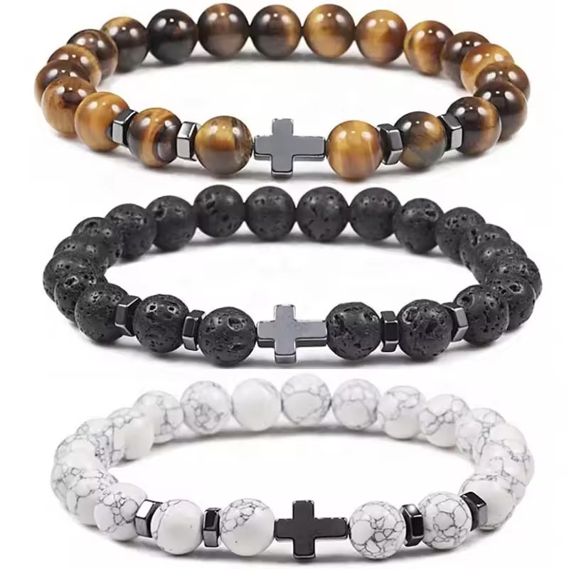 Cross-Border New Product Hot Sale Frosted Stone Turquoise Volcanic Stone Cross Beaded Bracelet 8mm Natural Stone Men's Bracelet