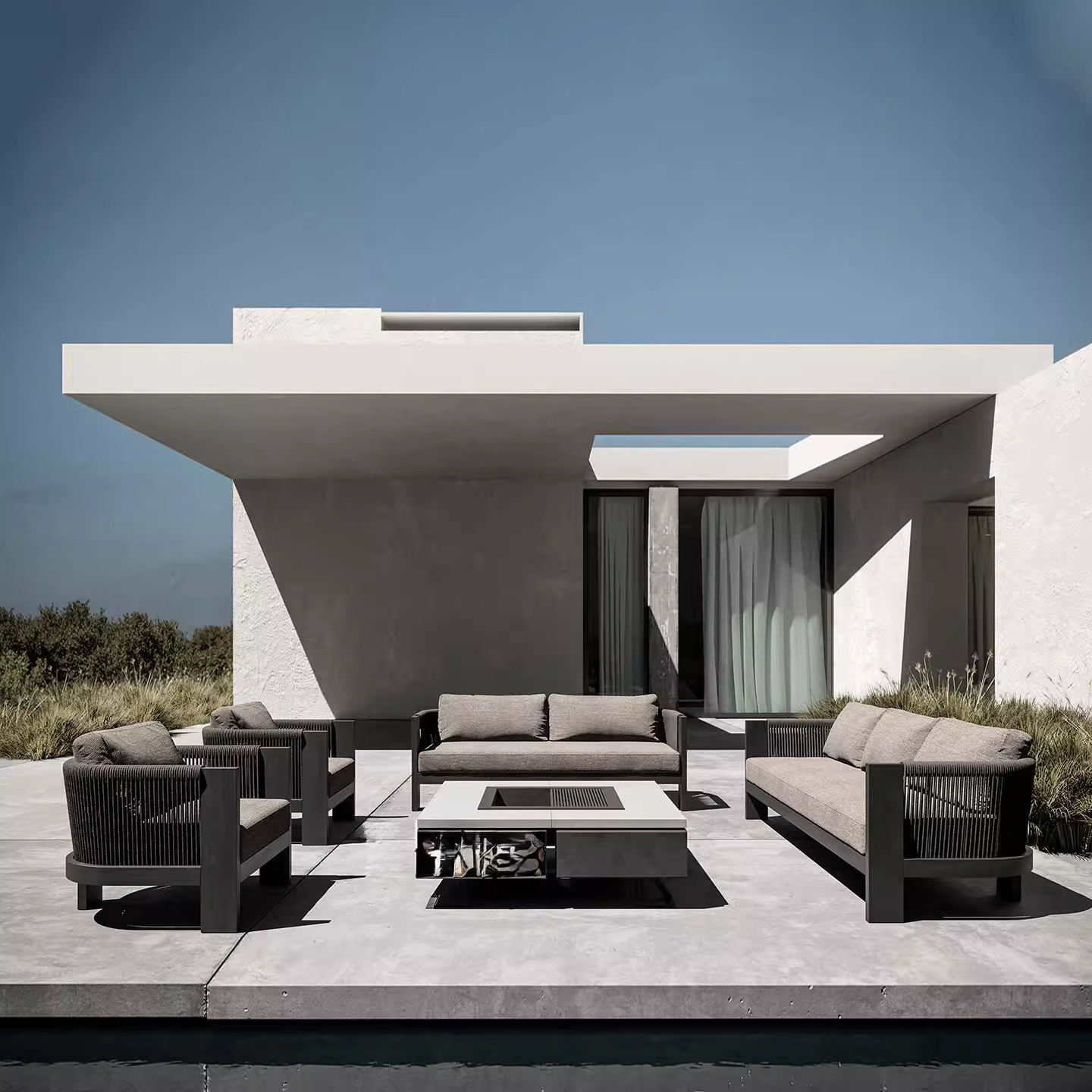 Combinación de sofá de caña al aire libre patio ocio jardín terraza proyecto de hotel residencial al aire libre muebles impermeables de teca