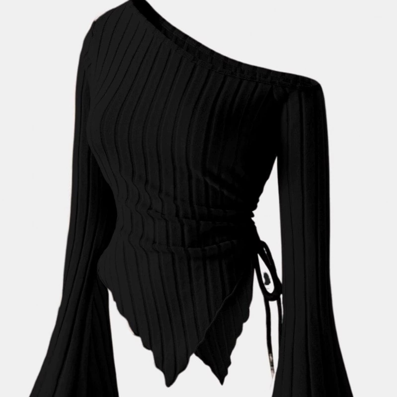 25-летний элегантный специальный стиль абрикос с асимметричным подолом расклешенный рукав футболка с открытыми плечами для Хэллоуина удобная футболка