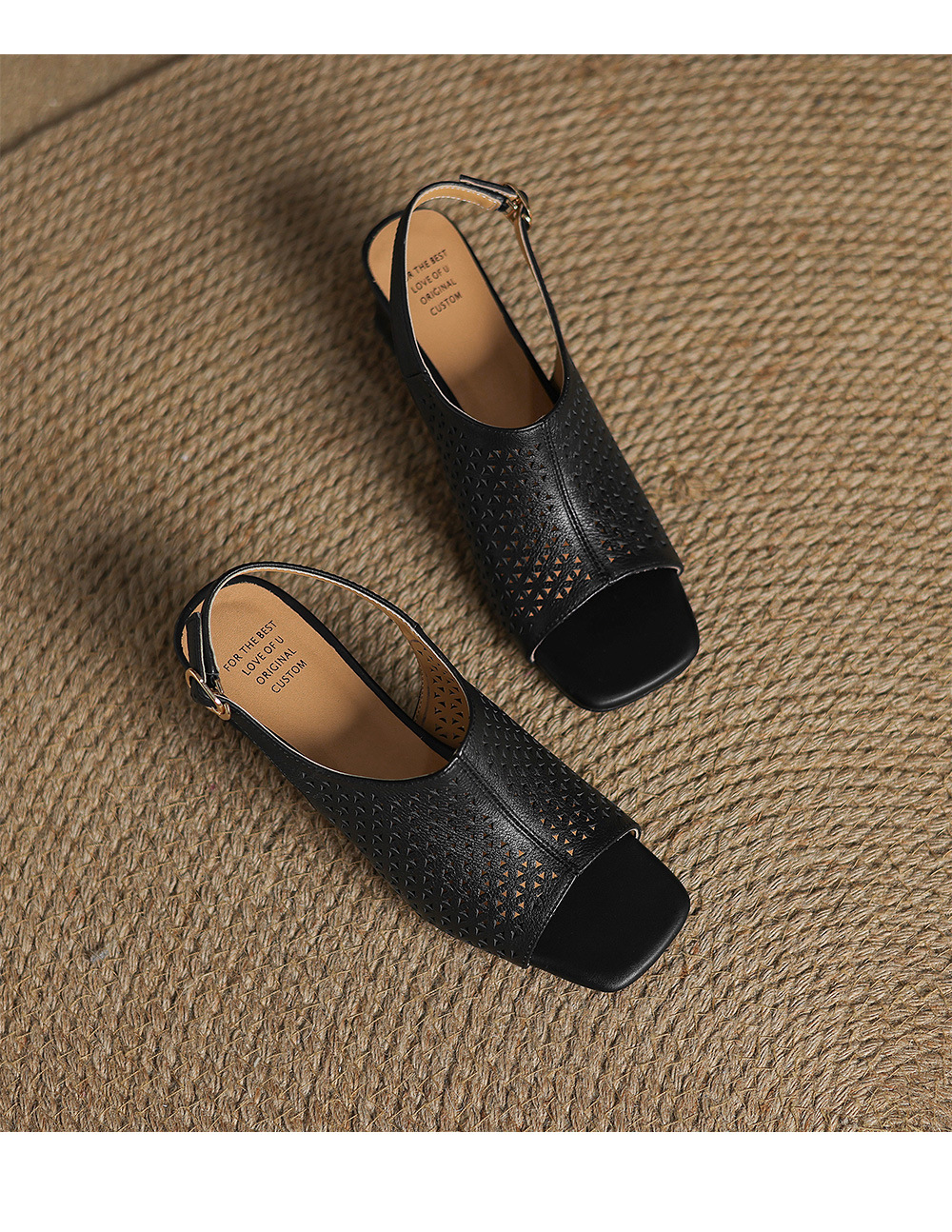 Sandal cao gót nữ hở mũi quai ngang đục lỗ da bò, gót 7 cm — Gạo trắng và cao 7 cm chi tiết 20