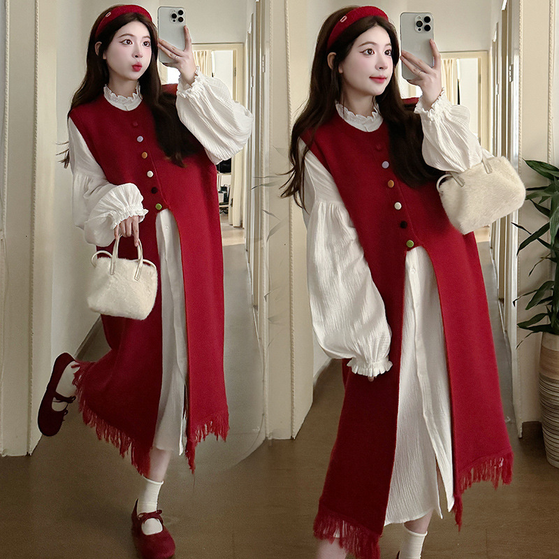 임산부복 가을 겨울 정장 2024 한국식 느긋한 스타일 술 조끼 드레스 베이비 칼라 임산부복 투피스 정장