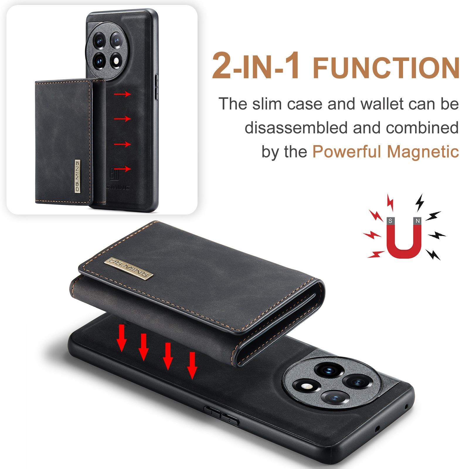 M1 per One Plus 1+11 Custodia protettiva magnetica con portafoglio One Plus 1+10 Pro Custodia in pelle 2 in 1 per telefono diviso_voghion.com