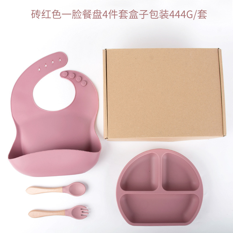 브릭레드 4피스 디너 접시 세트(턱받이+디너 접시+나무 손잡이 포크와 스푼) + 비행기 케이스 DM-228-20