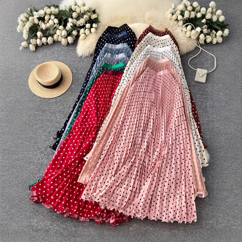 Korean Style Polka Dot Pleated Skirt, Elegant High-Waisted Slimming A-Line Long Skirt for Women, Versatile and Stylish for Work