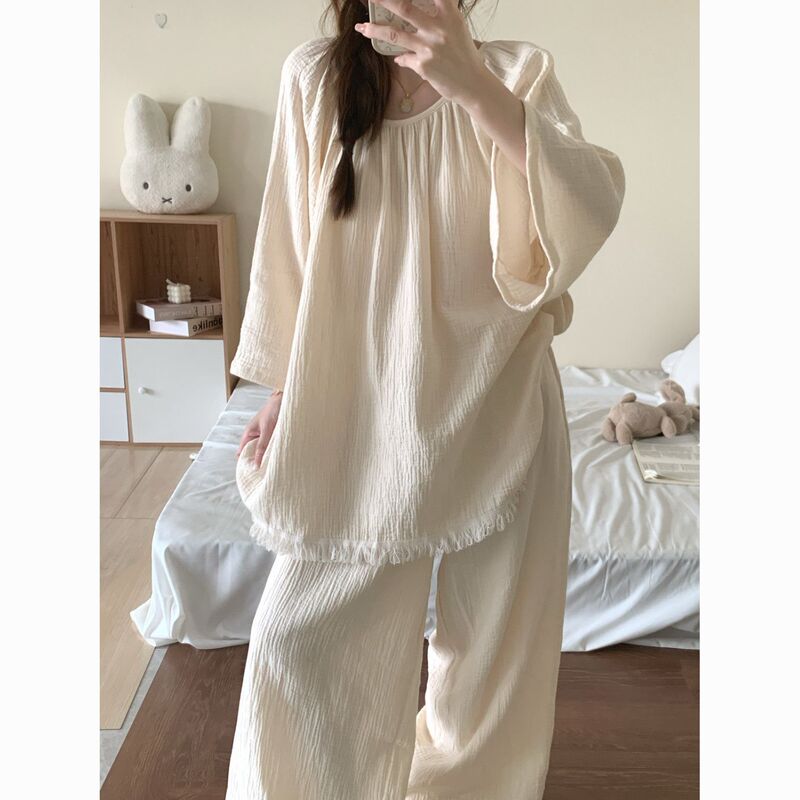 New Spring and Autumn Lazy Style Women's Pajamas, Sweet Tassel Trim, Long Sleeve and Pants, Autumn and Winter Home Wear, High Aesthetic Value, Can Be Worn Outside