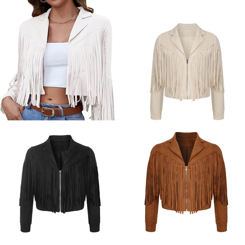 Cross-Border European and American Music Festival Women's Clothing American Retro Street Bohemian Suede Fringe Short Coat Jacket