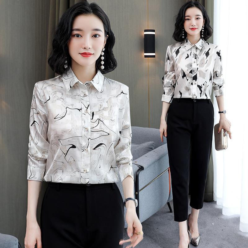 Authentic High-End 100% Silk Women's Casual Shirt, Elegant and Slimming, Printed Ice Silk Short Cardigan Long-Sleeve Shirt Authentic High-End 100% Silk Women's Casual Shirt, Elegant and Slimming, Printed Ice Silk Short Cardigan Long-Sleeve Shirt