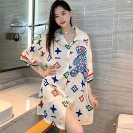 网红冰丝睡裙女2025新款短袖高级感甜美猫咪宽松大码睡衣裙家居服