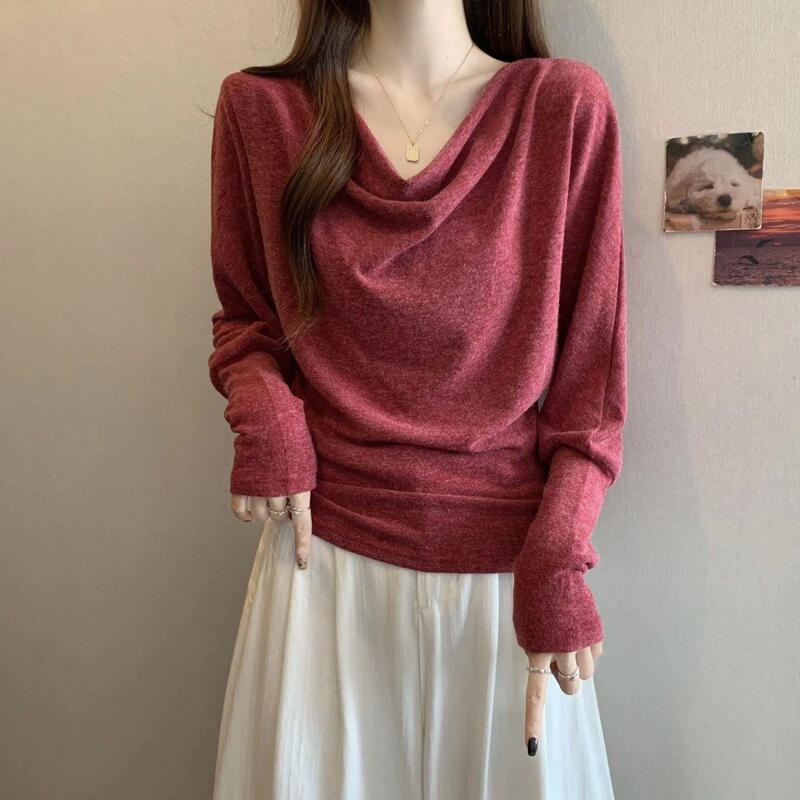 Plus-size women's French-style solid color bat-sleeve turtleneck knit top T-shirt for spring and autumn, slimming and elegant inner layer Plus-size women's French-style solid color bat-sleeve turtleneck knit top T-shirt for spring and autumn, slimming and elegant inner layer