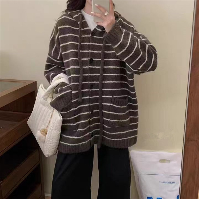 中长款撞色连帽条纹针织开衫女秋冬新款韩版慵懒宽松大码毛衣外套|undefined