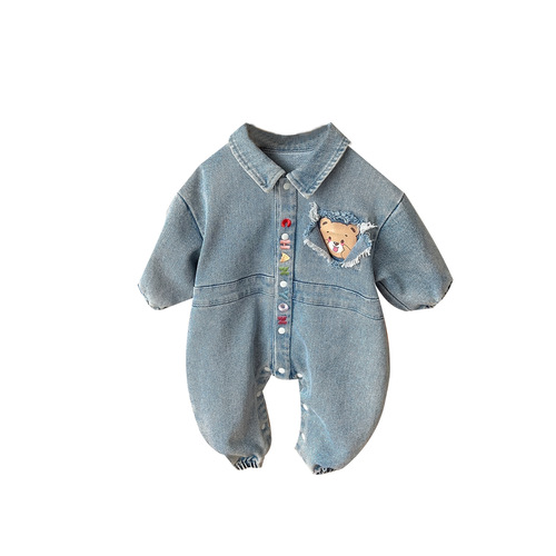 Baby jumpsuit, spring clothing, Korean style denim harem clothes, 0-1 year old baby clothes, Category A crawling clothing, male baby outing clothing