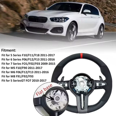 F10 F31 F20 E90 | Steering wheel - semi-suede-with-white-leather-straightened-carbon-fiber-black-fork-black-buttons-long-paddle-shifters-flat-mouth
