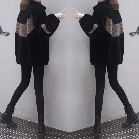 Women's Short Faux Lamb Wool Coat Winter Warm Thicken Large Size Loose Plaid Outerwear Trendy