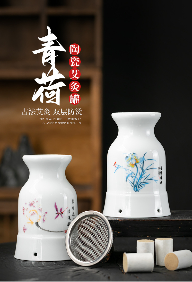 Ceramic Moxibustion Cup Gua Sha Jar Double Layer Heat Insulated Ash Grid Design for Home Meridian Care overview