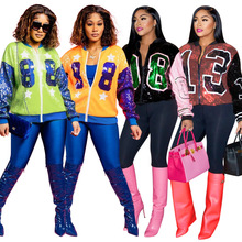 CY900247欧美女 长袖23年春秋亮片休闲运动款上衣 拉链款外套女