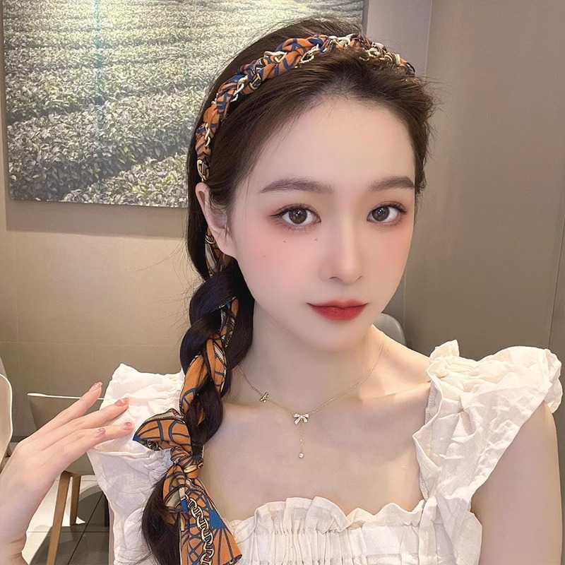 Sensor de alto nivel de banda de cabello para mujeres de alta presión craneal tarjeta de cabello temperamento de moda trenzada bufandas de seda banda de cabello adornamiento para el cabello