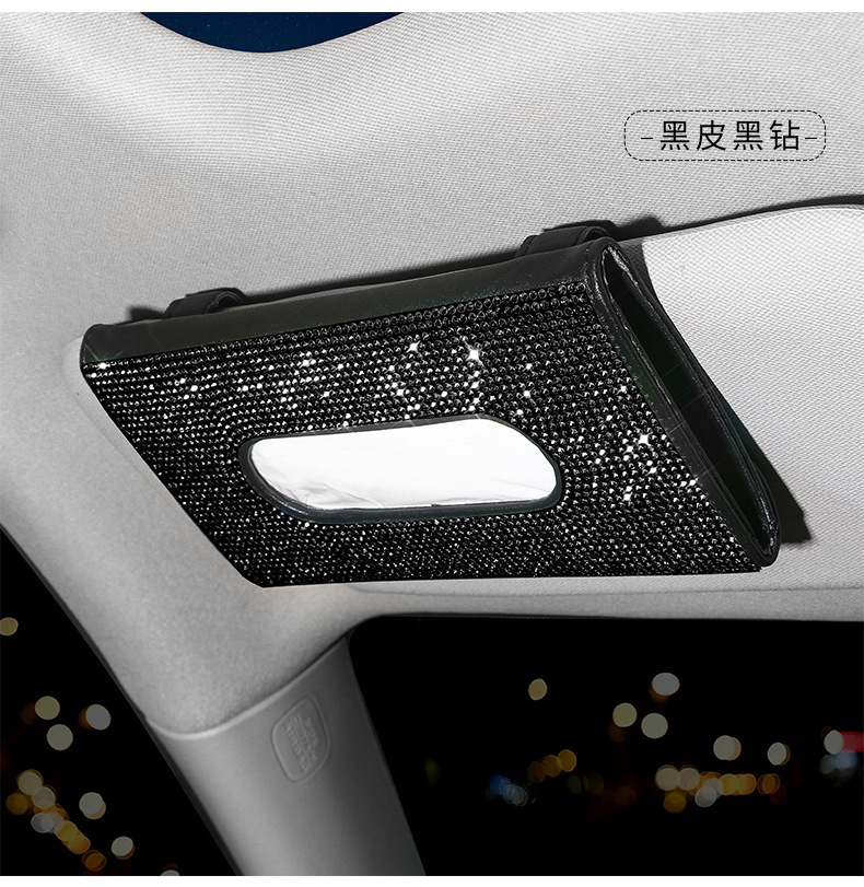 Car Sun Visor Tissue Box Leather Seat Back Diamond Tissue Holder Creative Fashion Women's Rhinestone Car Tissue Box