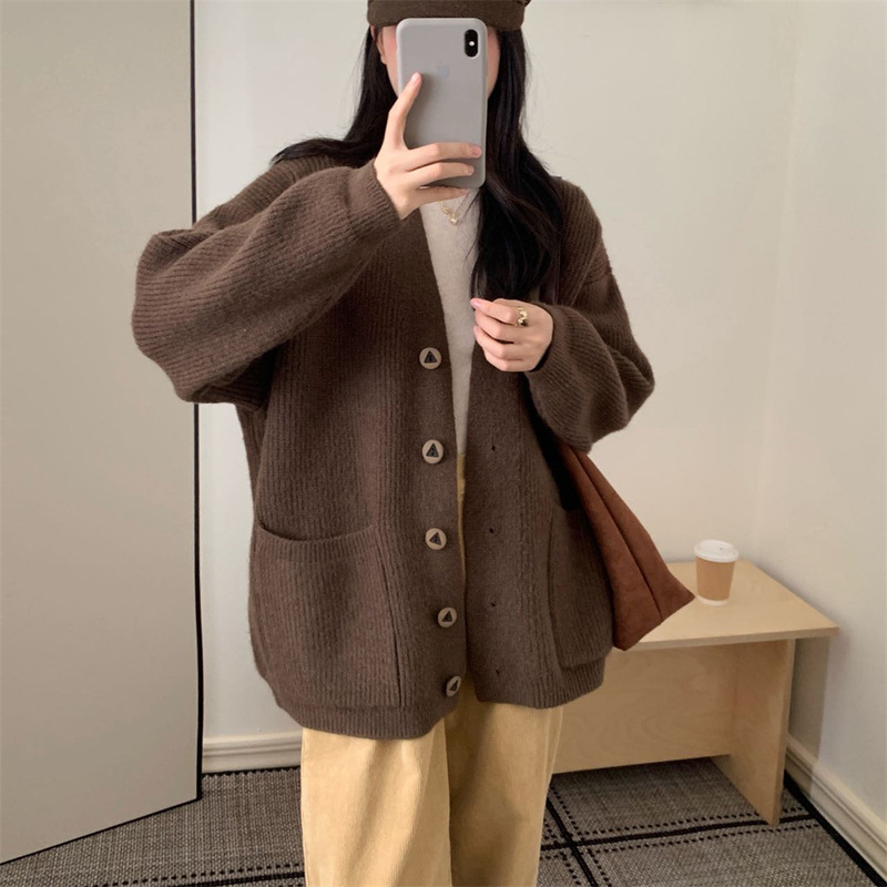 V领纯色毛衣开衫女秋冬季新款高级感加厚宽松慵懒风针织外套上衣|undefined