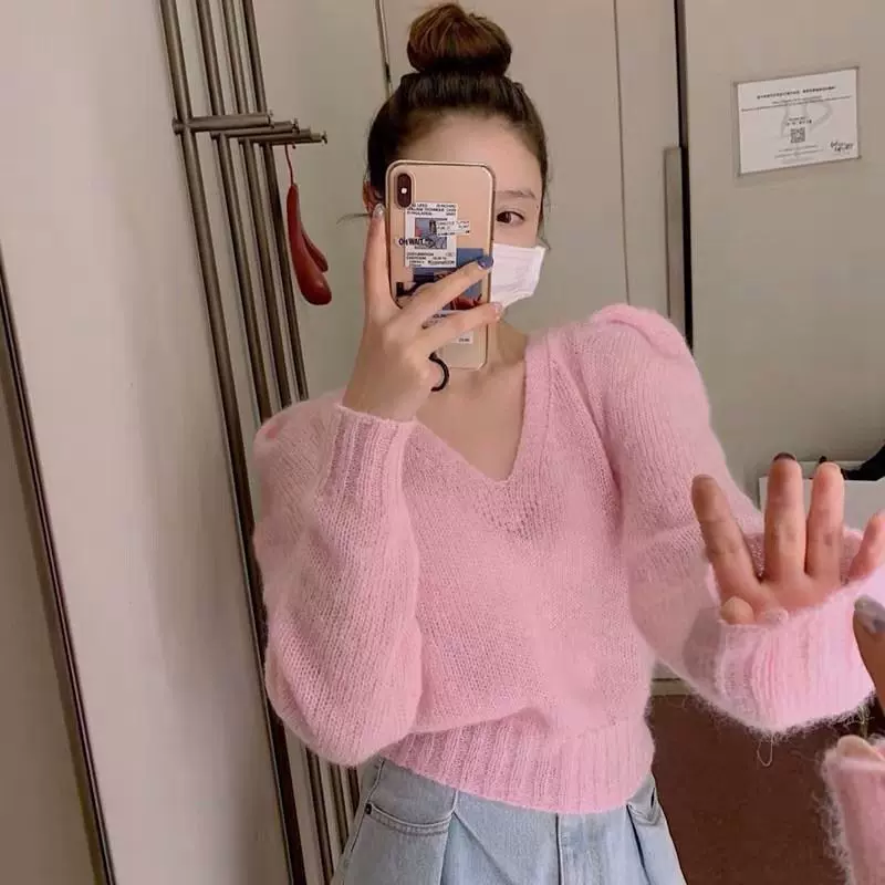 套头V领针织气质粉色大朗品牌毛衣厂家图案女时尚百搭泡泡袖