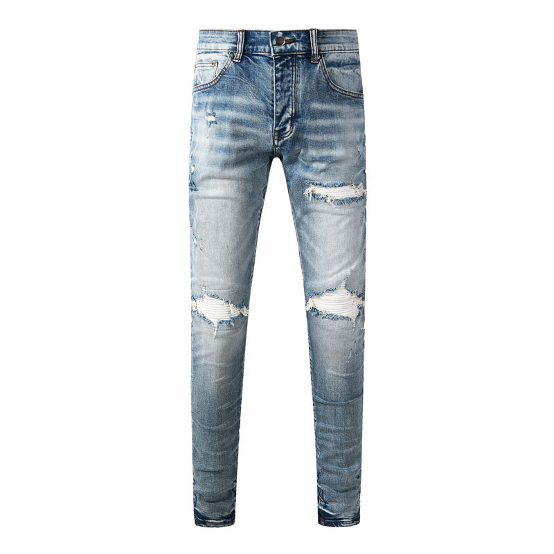 European and American Street Fashionable Men's Jeans Old light blue Washed White Leather Fashionable Brand Tight Leggings Men's Fashionable European and American Street Fashionable Men's Jeans Old light blue Washed White Leather Fashionable Brand Tight Leggings Men's Fashionable
