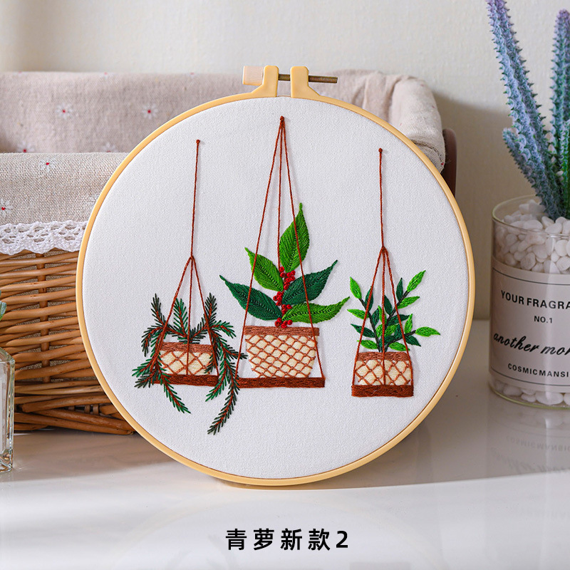 Original DIY bordado hecho a mano paquete de material verde rábano colgante cesta cactus flores y plantas traje costura