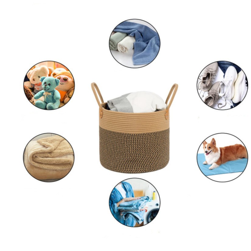 Cesta de almacenamiento tejida de hilo de algodón al por mayor transfronteriza, cesta de almacenamiento de ropa de juguete grande multifuncional para el hogar, cesta de ropa sucia