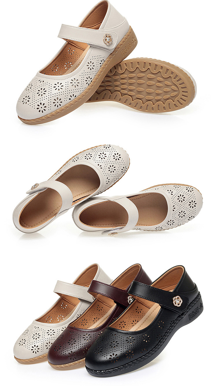 Giày sandal nữ da thật lỗ thoáng khí mũi nhẹ đế bệt phong cách mẹ bỉm — màu be chi tiết 18
