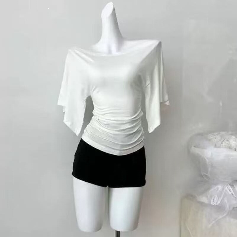 New Style Mature Chic Off-Shoulder Flared Sleeve Crop Top High Elasticity One-Piece Pure Desire Style Stunning T-Shirt for Women New Style Mature Chic Off-Shoulder Flared Sleeve Crop Top High Elasticity One-Piece Pure Desire Style Stunning T-Shirt for Women