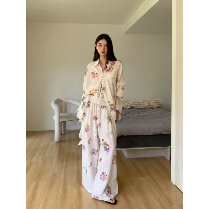 Real Shot of Ready-Made Tencel Ramie Plant Floral Sunscreen Shirt with Ribbon Elastic Beach Pants Wide Legs