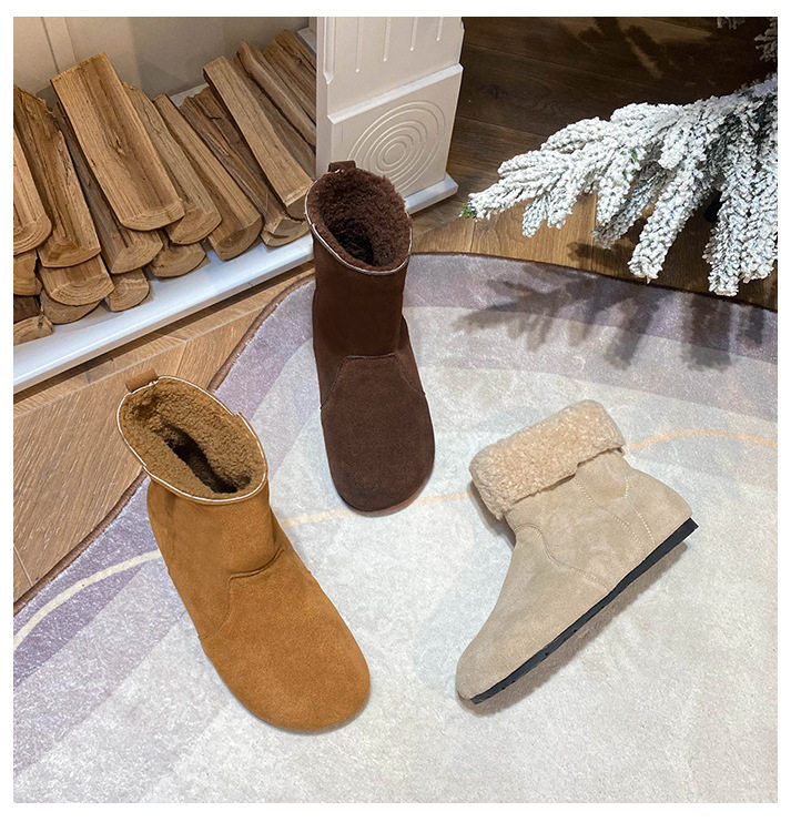 Bốt ngắn nữ da bò lót lông cừu, cổ có thể lật, gót 4 cm — Màu caramel, Màu mơ, Màu nâu đậm chi tiết 26