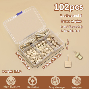 Manufacturer Wholesale 102 Pieces of Wood Color Thumbtacks Set Photo Wall Fixing Nails Office Message Nails 6 Types of Wood Thumbtacks