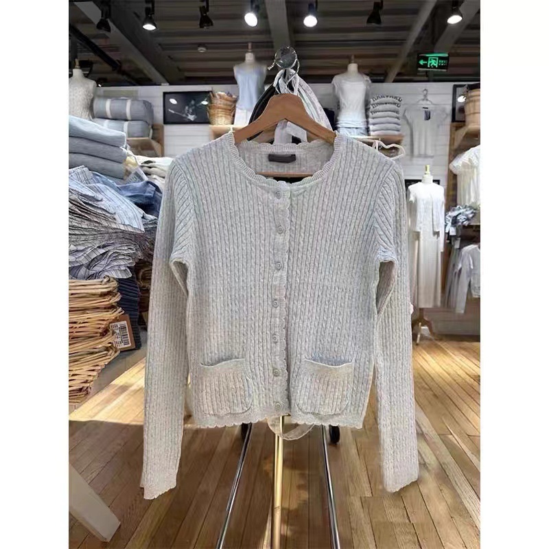 BM Wind Wave Collar Twist Single-Breasted Double Pocket Long-Sleeved Knitted Cardigan Women's BM All-Match Grey Llace Collar Sweater