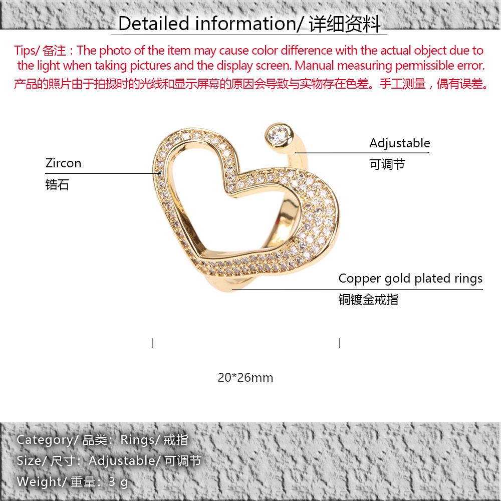 Jewelry inlaid micro zircon heart ring tide copper goldplated design open ringpicture1
