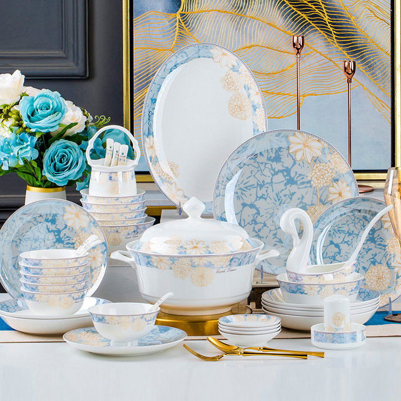 Jingdezhen high-end bone china tableware time stroll simple European dishes and dishes set high-foot dishes and spoons gift a generation of hair