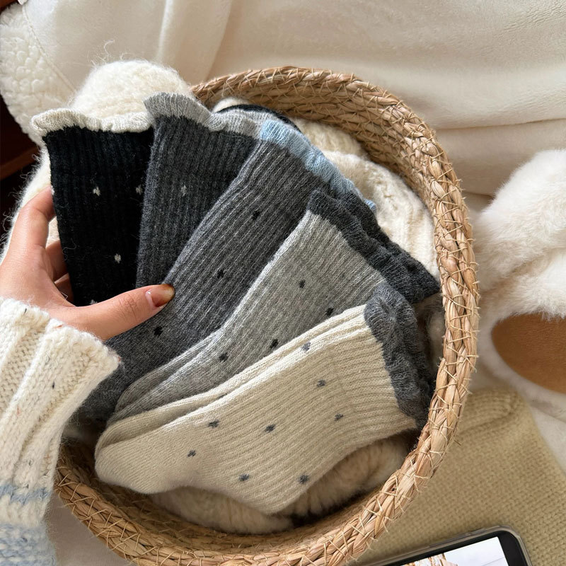 Korean Wool Socks for Women, Autumn and Winter Mid-Calf Socks, Thickened Warm Cashmere Long Socks, Retro Polka Dot Lace Slouch Socks